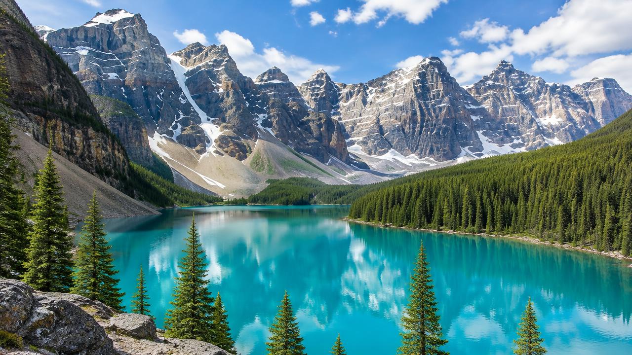Turquoise glacial lake below Canadian Rockies peaks