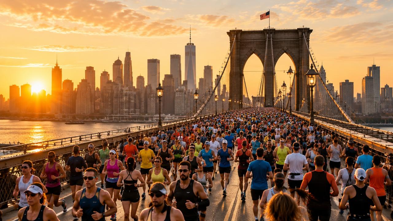 Marathon crowd crossing a city bridge at sunset