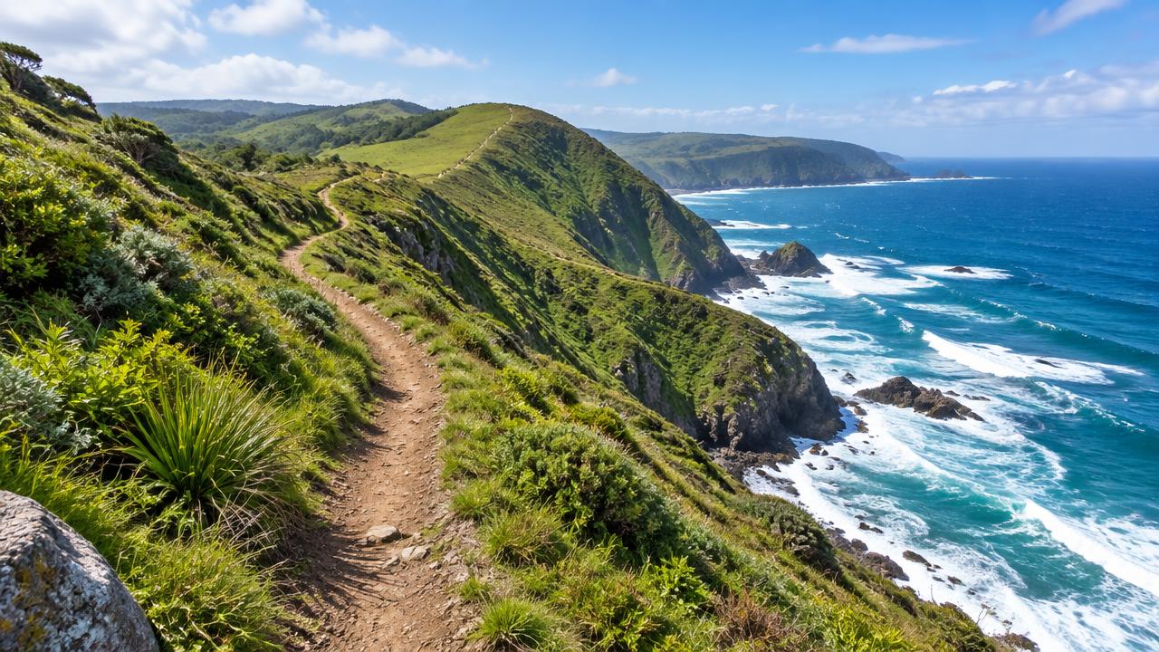 Coastal trail along a green headland above the ocean