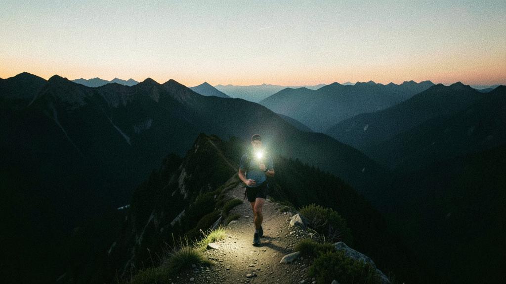 Runner with a headlamp on a ridge trail at dawn