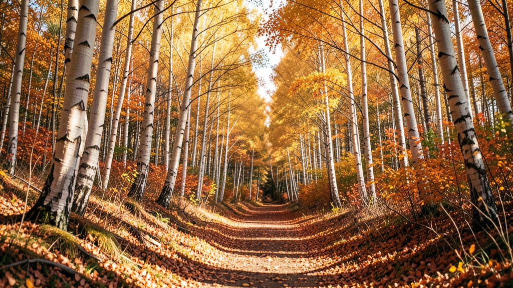 Forest trail covered in autumn leaves