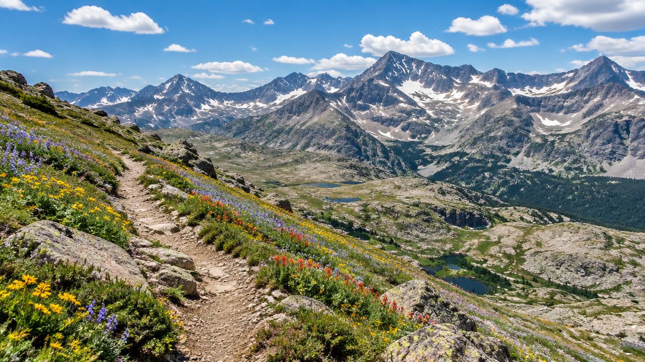 Alpine trail with wildflowers below high Colorado peaks