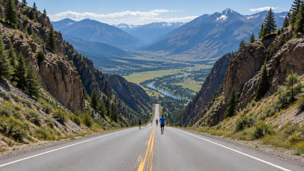Road descending through a mountain canyon toward a valley