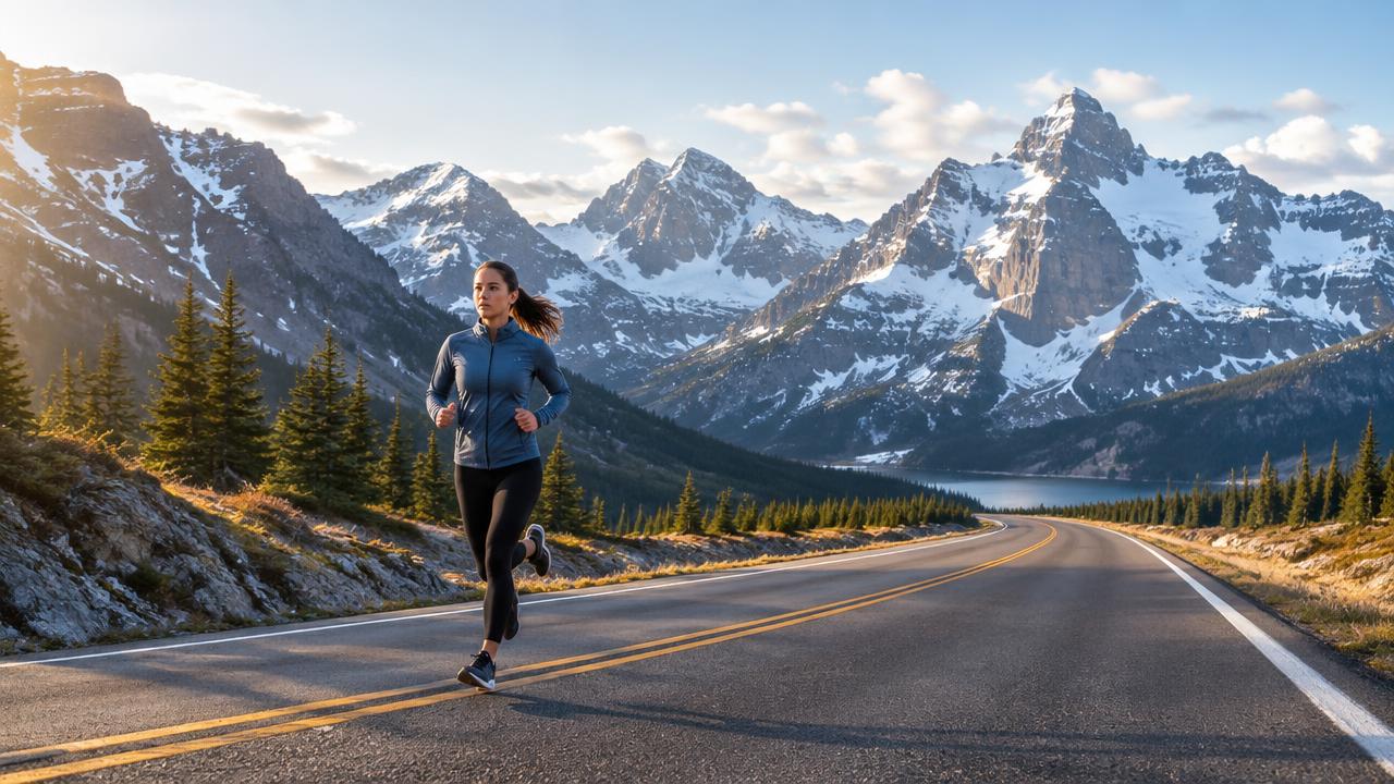 Runner on a mountain road below snowy peaks