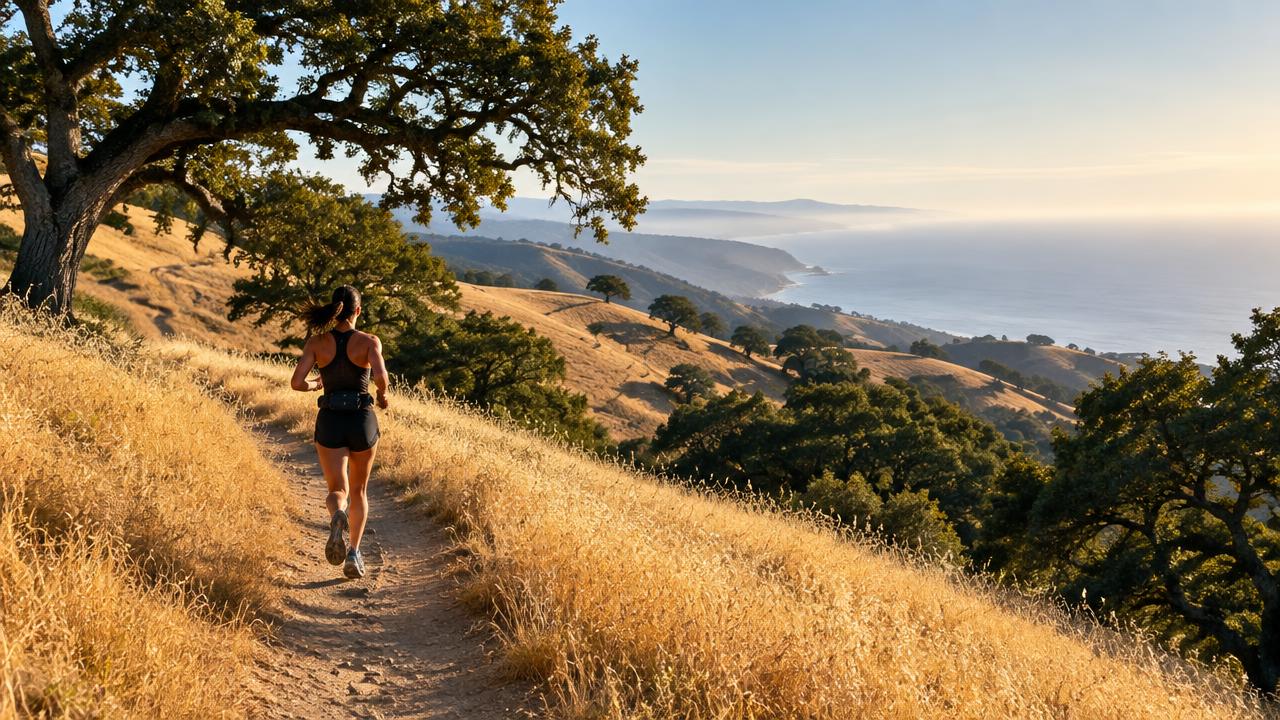 Runner on a golden grass ridge trail above the ocean